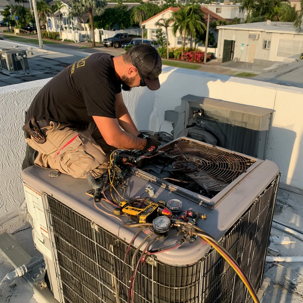 Technician responding to an outdoor HVAC equipment problem