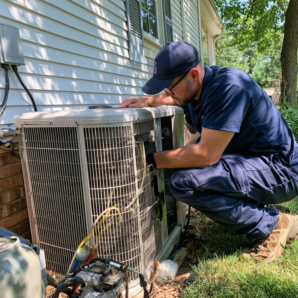 Technician inspecting residential heating and cooling equipment