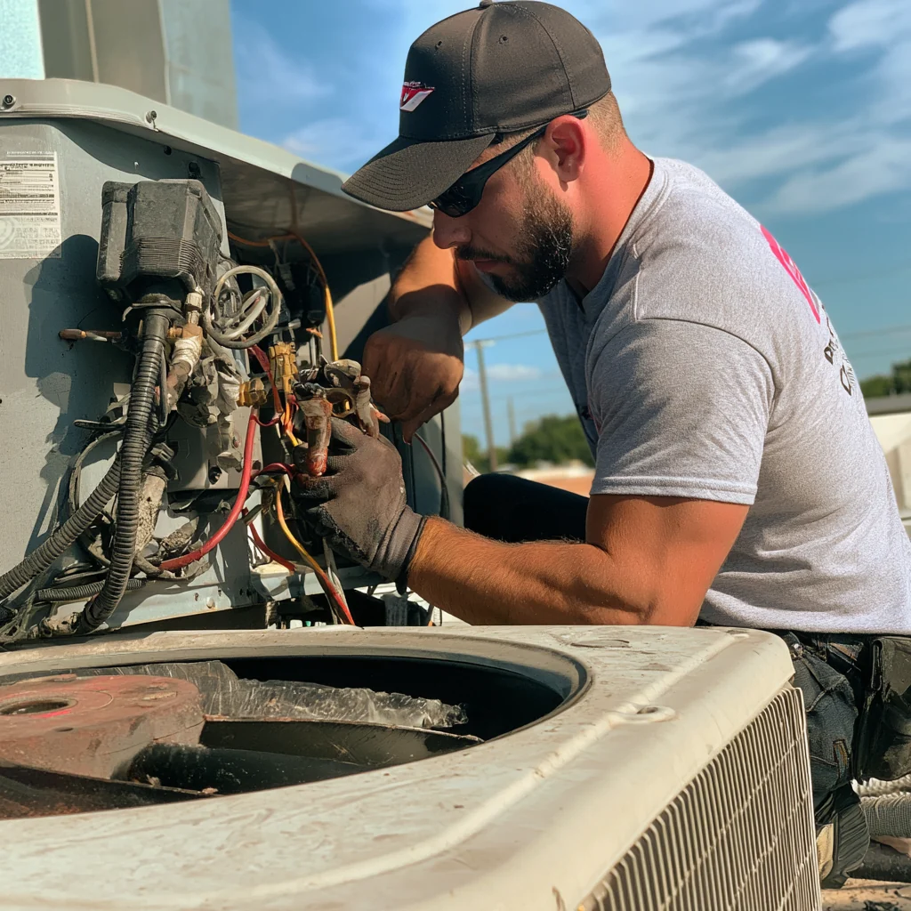 HVAC technician performing maintenance on residential equipment